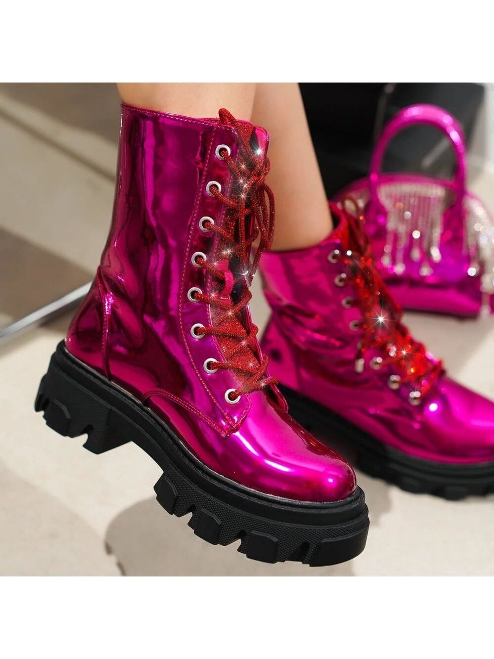 Size 6 Rowan Metallic Pink Combat Ankle Boots Rhinestone Tongue and Rope Lace - Picture 10 of 10